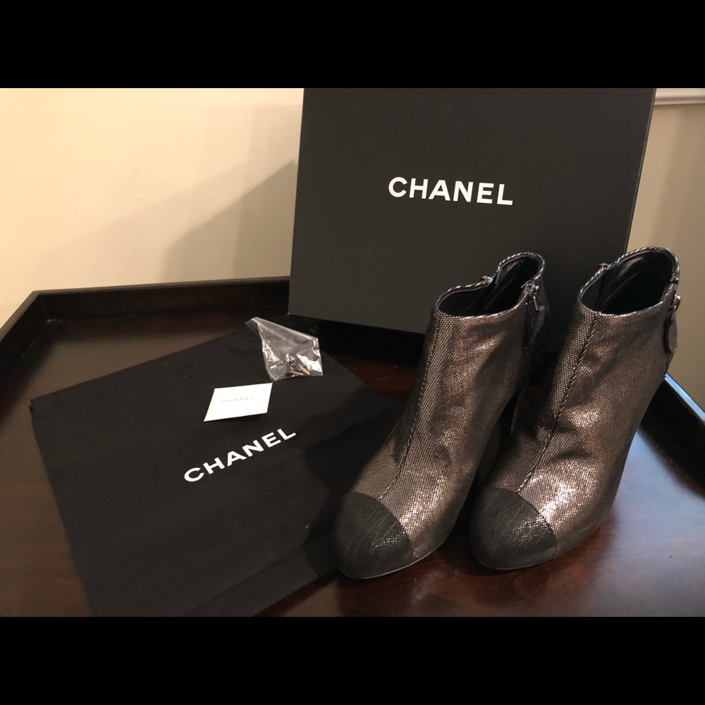Chanel silver with black toe booties